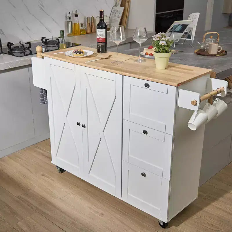 Desserte de cuisine avec plateau en bois massif, chariot de cuisine roulant de 115 cm avec armoire de rangement, abattant, tiroir et porte-épices, blanc