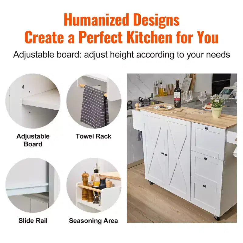 Desserte de cuisine avec plateau en bois massif, chariot de cuisine roulant de 115 cm avec armoire de rangement, abattant, tiroir et porte-épices, blanc