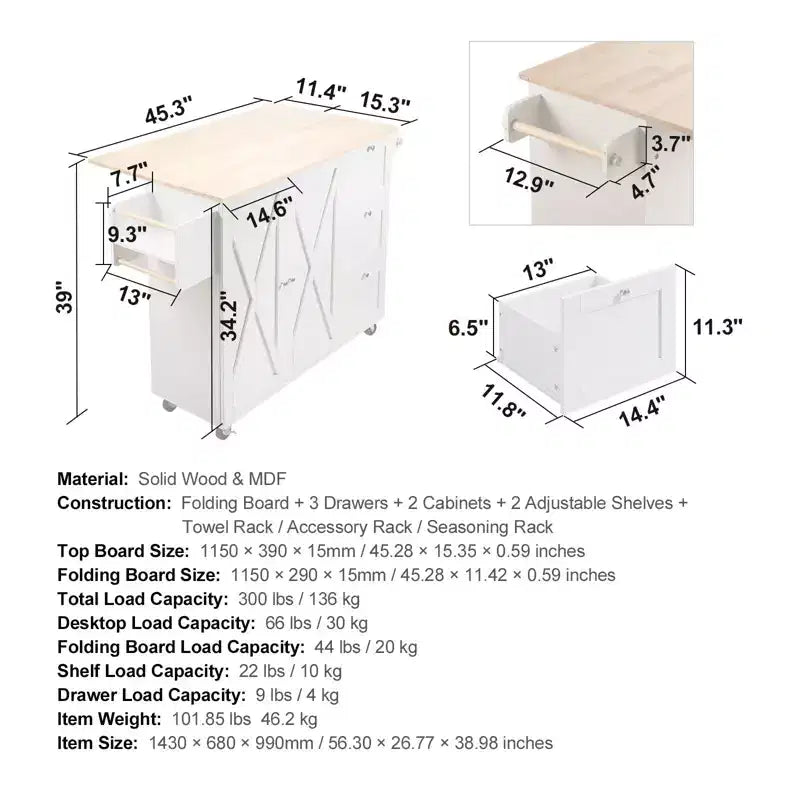 Desserte de cuisine avec plateau en bois massif, chariot de cuisine roulant de 115 cm avec armoire de rangement, abattant, tiroir et porte-épices, blanc