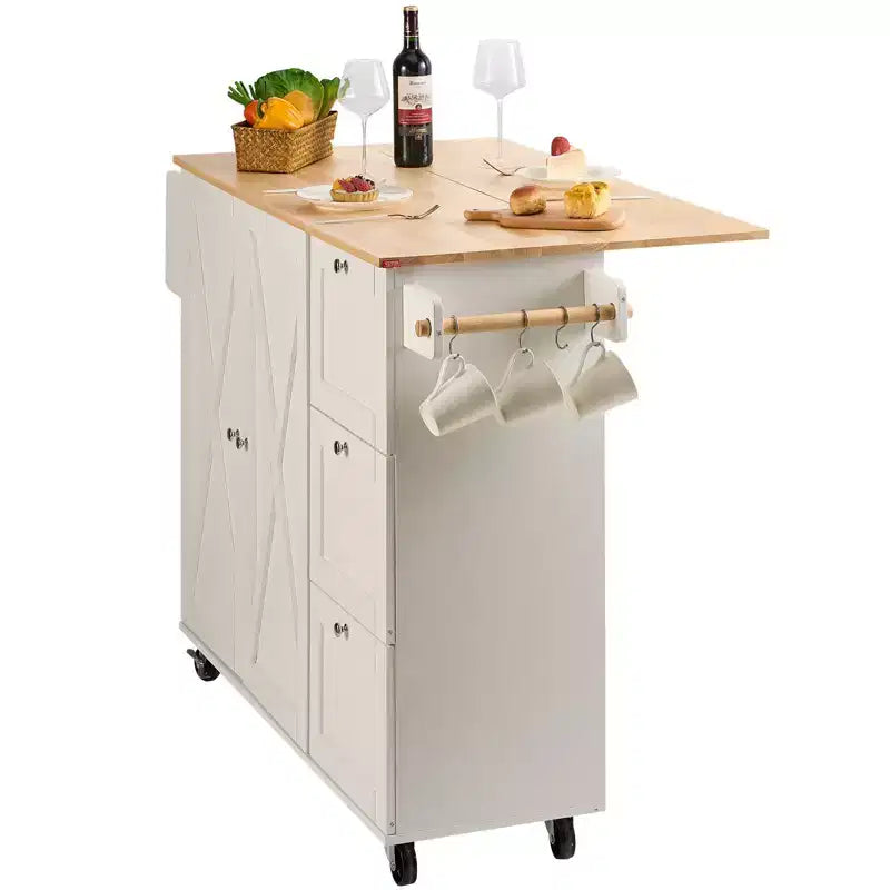 Desserte de cuisine avec plateau en bois massif, chariot de cuisine roulant de 115 cm avec armoire de rangement, abattant, tiroir et porte-épices, blanc