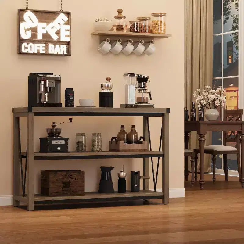 Table de console d'entrée de ferme, Table de console étroite et longue de 119 cm avec rangement, Table de console en bois à 3 niveaux pour salon, Tables de canapé derrière le canapé
