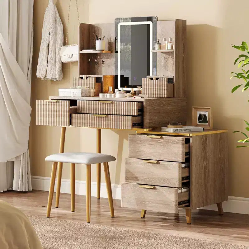 Coiffeuse 7 tiroirs avec miroir LED et détails sculptés, meuble-lavabo rainuré avec pieds en métal et tabouret en PU, avec rangement à bijoux