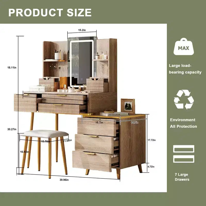 Coiffeuse 7 tiroirs avec miroir LED et détails sculptés, meuble-lavabo rainuré avec pieds en métal et tabouret en PU, avec rangement à bijoux