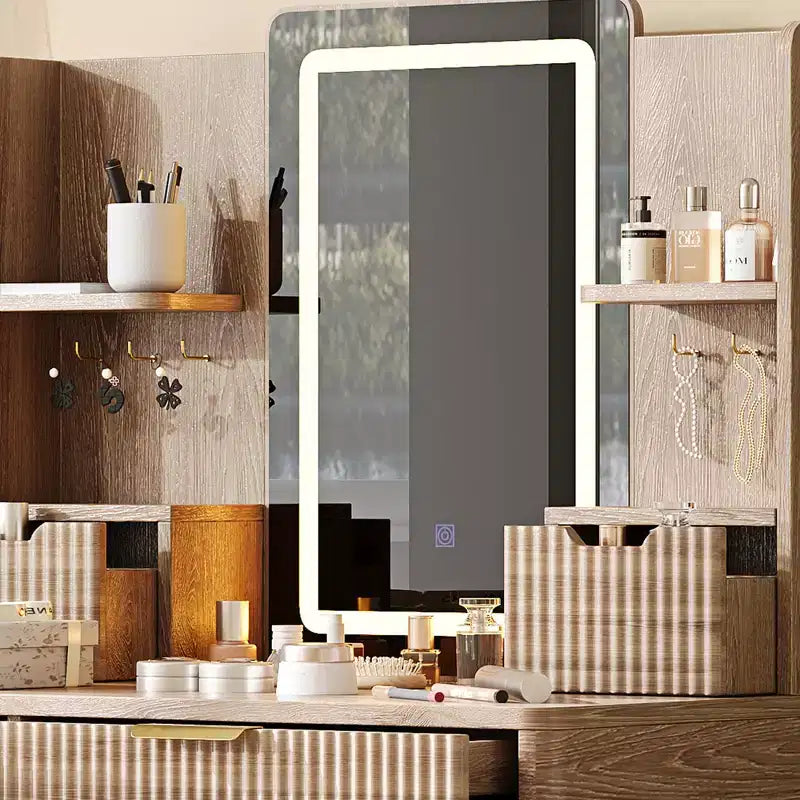 Coiffeuse 7 tiroirs avec miroir LED et détails sculptés, meuble-lavabo rainuré avec pieds en métal et tabouret en PU, avec rangement à bijoux