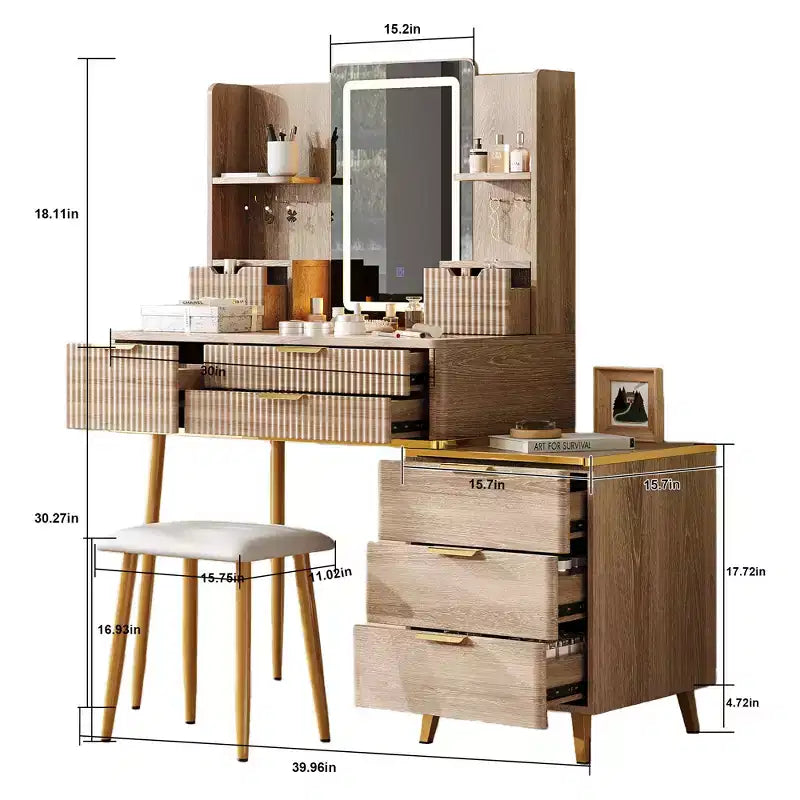 Coiffeuse 7 tiroirs avec miroir LED et détails sculptés, meuble-lavabo rainuré avec pieds en métal et tabouret en PU, avec rangement à bijoux