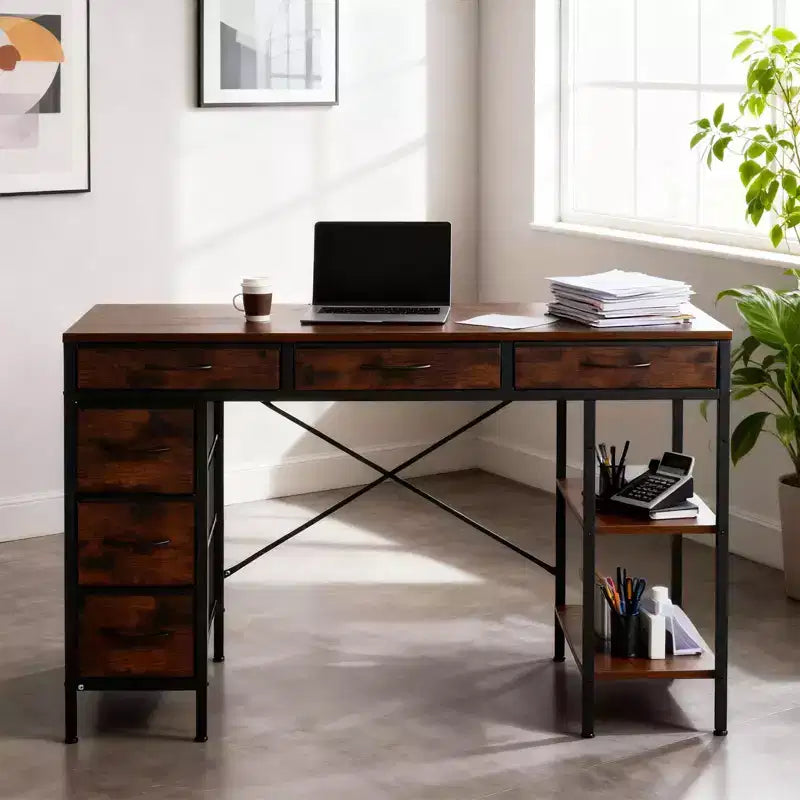 Bureau informatique avec 6 tiroirs en tissu et étagère de rangement réglable – Cadre métallique robuste pour bureau à domicile ou de jeu