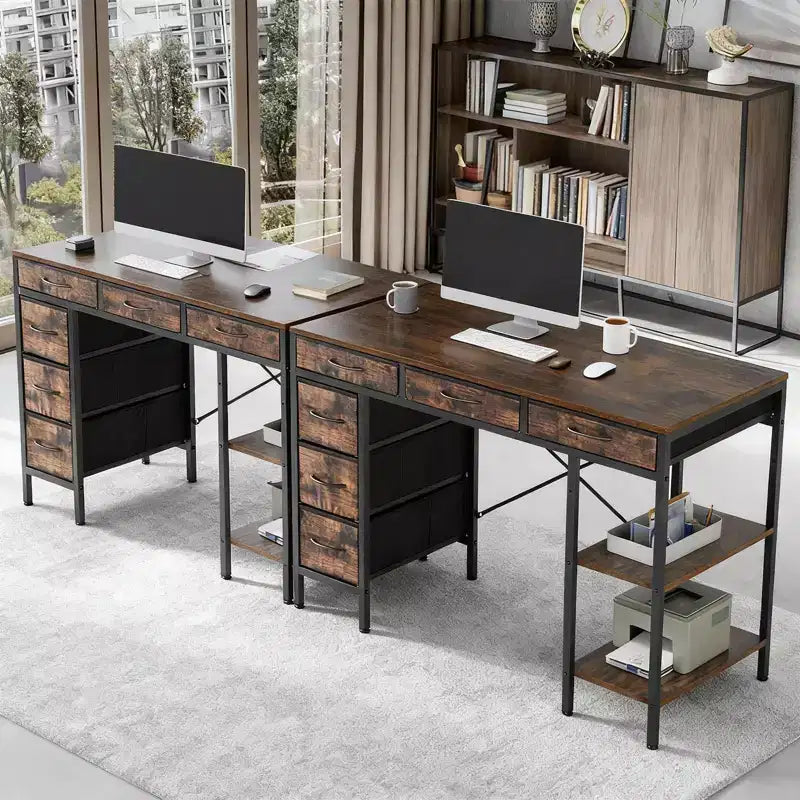 Bureau informatique avec 6 tiroirs en tissu et étagère de rangement réglable – Cadre métallique robuste pour bureau à domicile ou de jeu