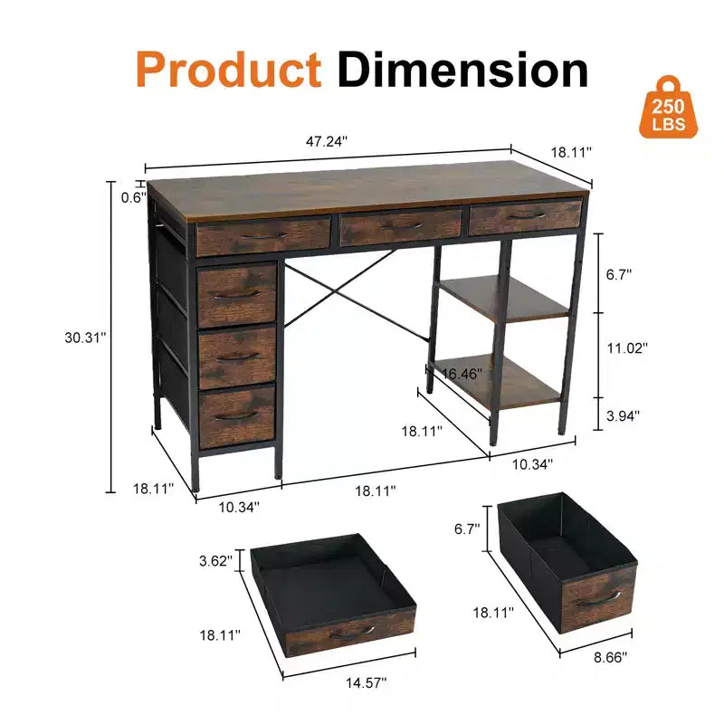 Bureau informatique avec 6 tiroirs en tissu et étagère de rangement réglable – Cadre métallique robuste pour bureau à domicile ou de jeu