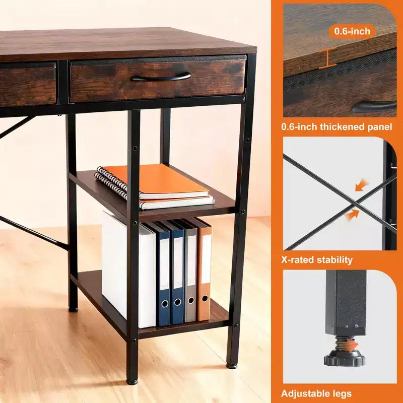 Bureau informatique avec 6 tiroirs en tissu et étagère de rangement réglable – Cadre métallique robuste pour bureau à domicile ou de jeu