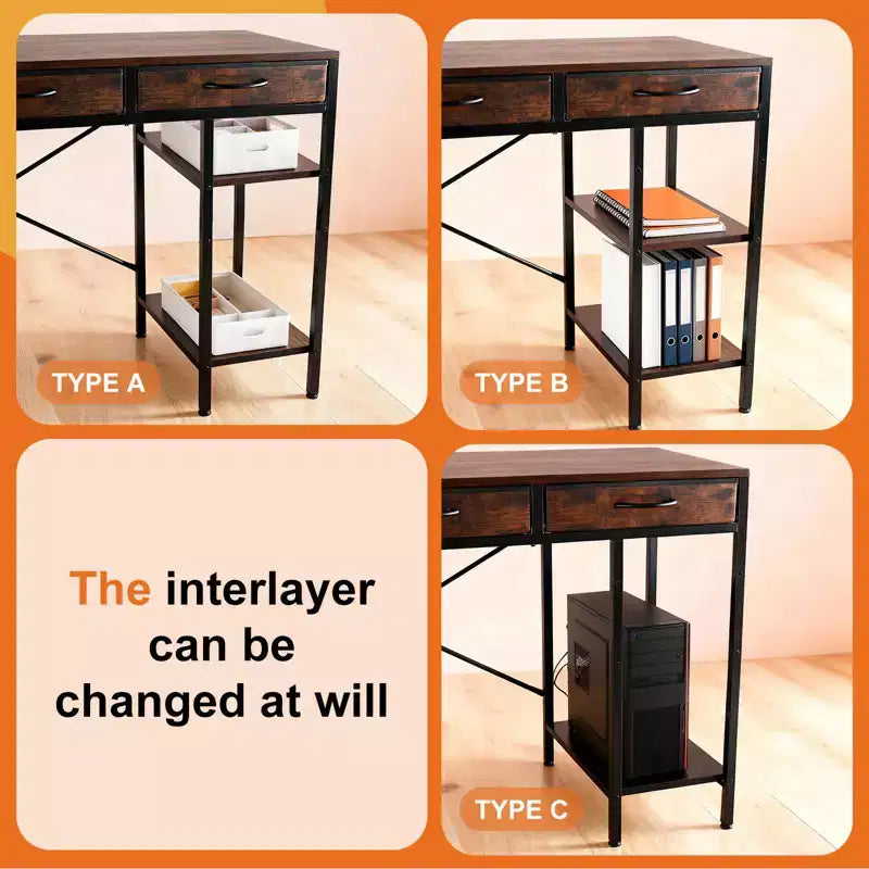 Bureau informatique avec 6 tiroirs en tissu et étagère de rangement réglable – Cadre métallique robuste pour bureau à domicile ou de jeu