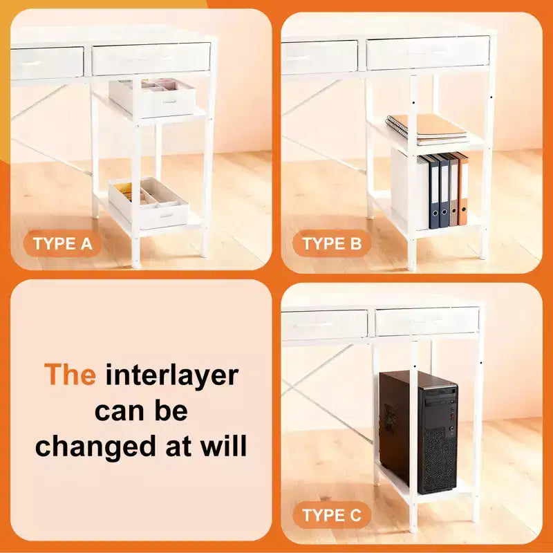 Bureau informatique avec 6 tiroirs en tissu et étagère de rangement réglable – Cadre métallique robuste pour bureau à domicile ou de jeu