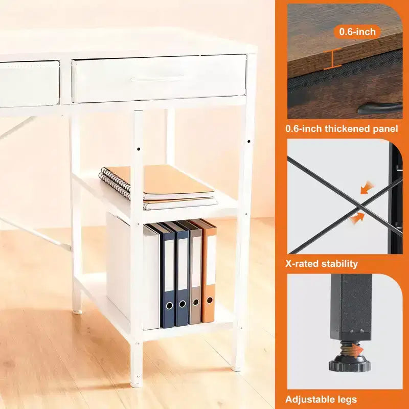 Bureau informatique avec 6 tiroirs en tissu et étagère de rangement réglable – Cadre métallique robuste pour bureau à domicile ou de jeu