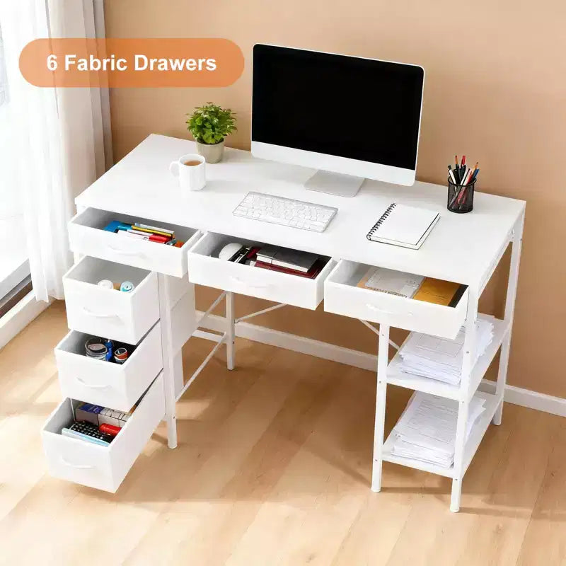 Bureau informatique avec 6 tiroirs en tissu et étagère de rangement réglable – Cadre métallique robuste pour bureau à domicile ou de jeu