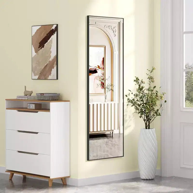 Miroir pleine longueur à poser, à suspendre ou à appuyer au mur, miroir de corps entier sur pied avec cadre fin en alliage d'aluminium pour chambre à coucher