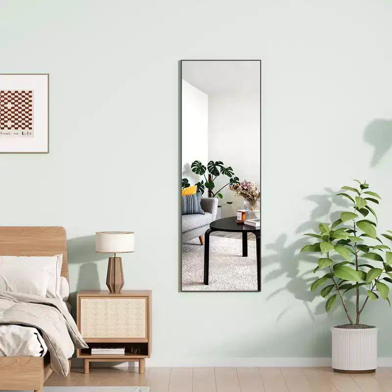 Miroir pleine longueur à poser, à suspendre ou à appuyer au mur, miroir de corps entier sur pied avec cadre fin en alliage d'aluminium pour chambre à coucher