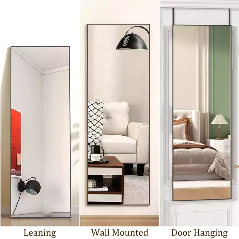 Miroir pleine longueur à poser, à suspendre ou à appuyer au mur, miroir de corps entier sur pied avec cadre fin en alliage d'aluminium pour chambre à coucher