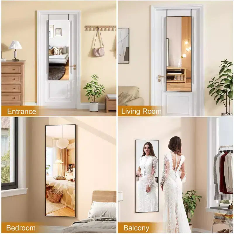 Miroir pleine longueur à poser, à suspendre ou à appuyer au mur, miroir de corps entier sur pied avec cadre fin en alliage d'aluminium pour chambre à coucher