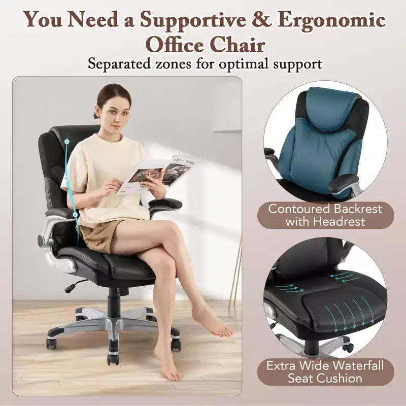 Chaise de bureau ergonomique en cuir PU pour dirigeants pivotante avec accoudoirs relevables Marron/Blanc/Noir