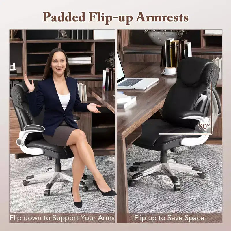 Chaise de bureau ergonomique en cuir PU pour dirigeants pivotante avec accoudoirs relevables Marron/Blanc/Noir