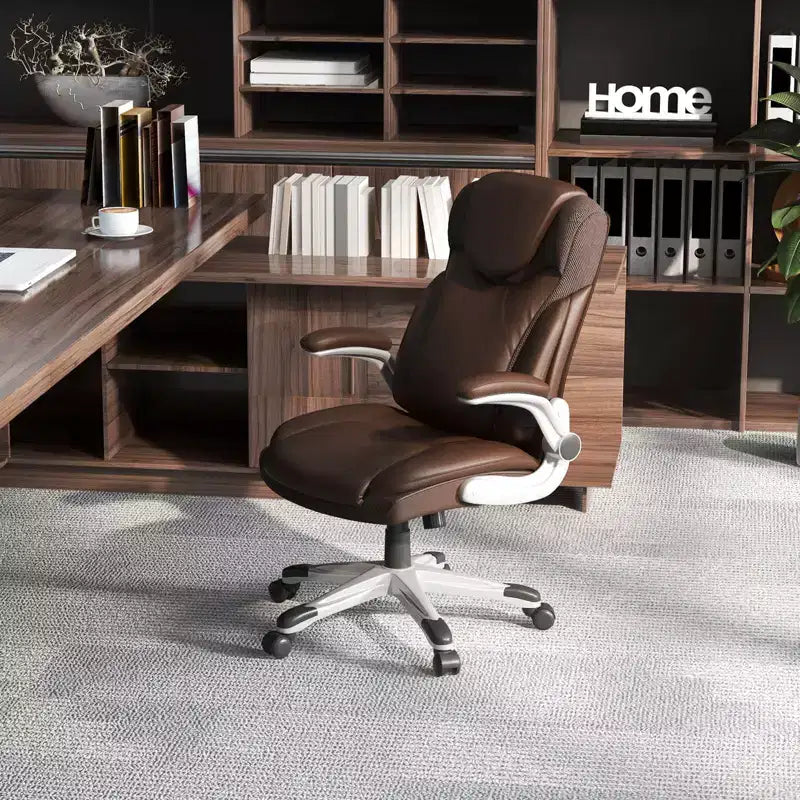 Chaise de bureau ergonomique en cuir PU pour dirigeants pivotante avec accoudoirs relevables Marron/Blanc/Noir