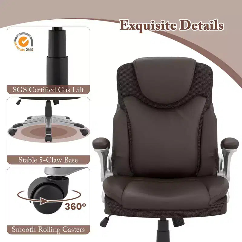 Chaise de bureau ergonomique en cuir PU pour dirigeants pivotante avec accoudoirs relevables Marron/Blanc/Noir
