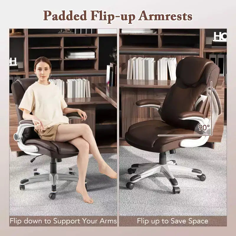 Chaise de bureau ergonomique en cuir PU pour dirigeants pivotante avec accoudoirs relevables Marron/Blanc/Noir
