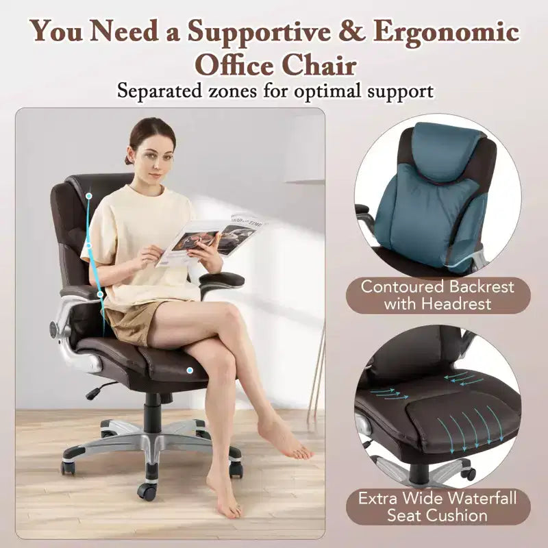 Chaise de bureau ergonomique en cuir PU pour dirigeants pivotante avec accoudoirs relevables Marron/Blanc/Noir