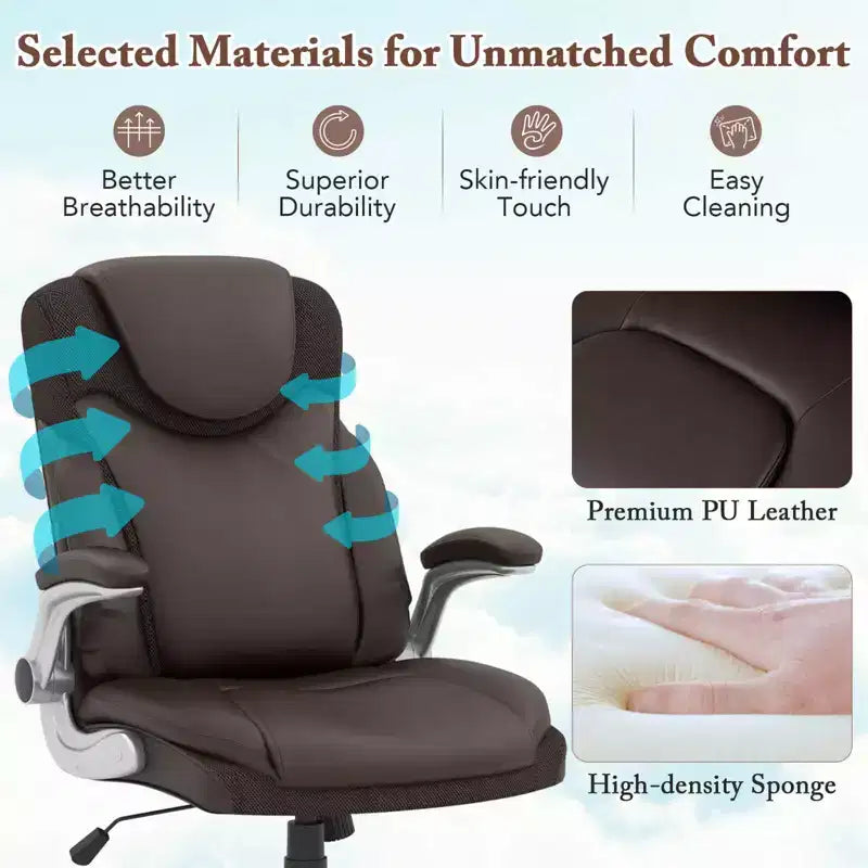 Chaise de bureau ergonomique en cuir PU pour dirigeants pivotante avec accoudoirs relevables Marron/Blanc/Noir
