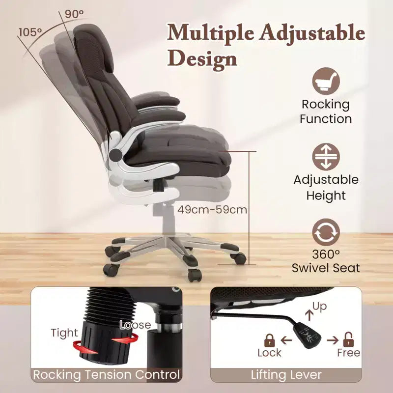 Chaise de bureau ergonomique en cuir PU pour dirigeants pivotante avec accoudoirs relevables Marron/Blanc/Noir
