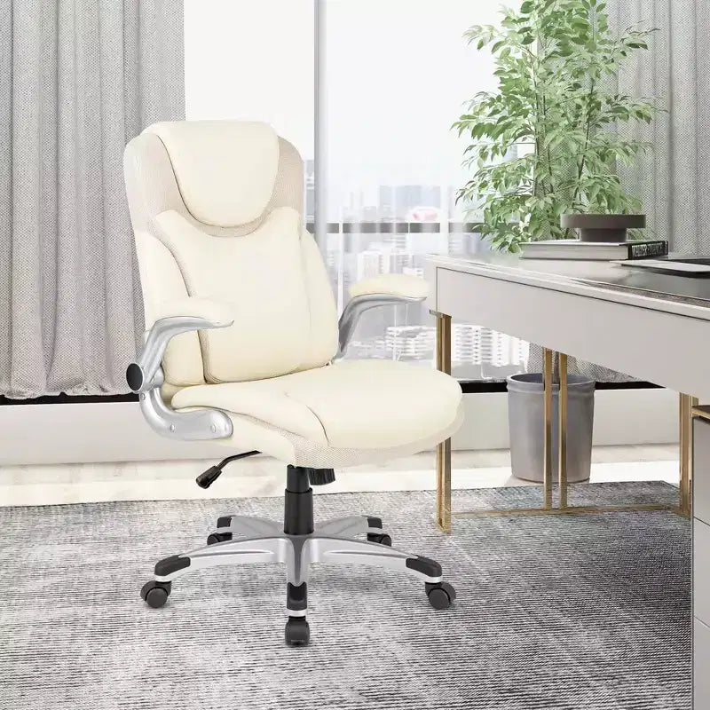 Chaise de bureau ergonomique en cuir PU pour dirigeants pivotante avec accoudoirs relevables Marron/Blanc/Noir