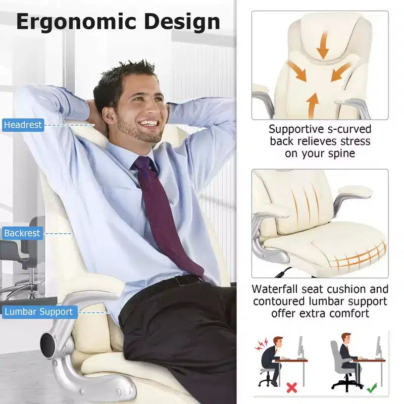 Chaise de bureau ergonomique en cuir PU pour dirigeants pivotante avec accoudoirs relevables Marron/Blanc/Noir