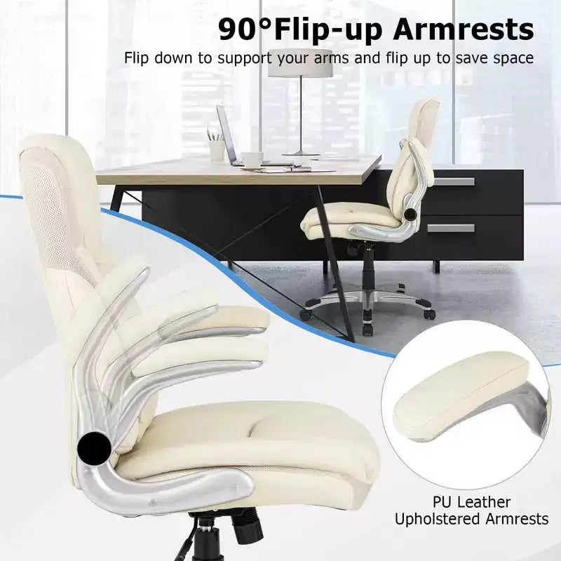 Chaise de bureau ergonomique en cuir PU pour dirigeants pivotante avec accoudoirs relevables Marron/Blanc/Noir