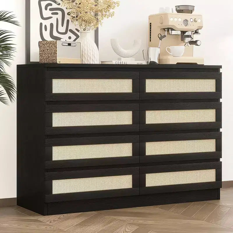 Commode double à 8 tiroirs pour chambre à coucher, commode en rotin, commode en bois moderne pour chambre d'enfant, salon et entrée