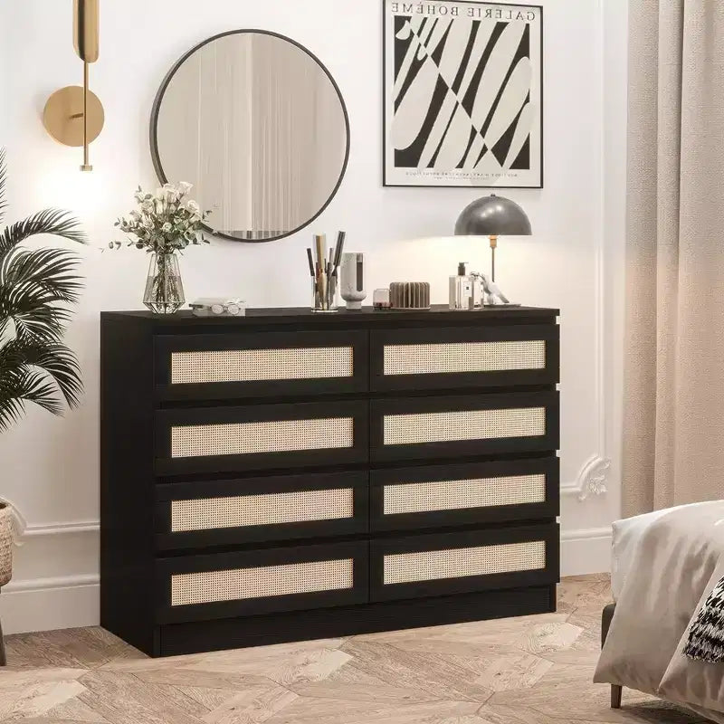 Commode double à 8 tiroirs pour chambre à coucher, commode en rotin, commode en bois moderne pour chambre d'enfant, salon et entrée