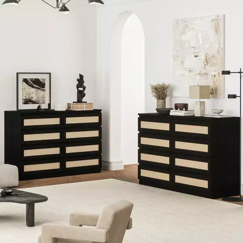 Commode double à 8 tiroirs pour chambre à coucher, commode en rotin, commode en bois moderne pour chambre d'enfant, salon et entrée
