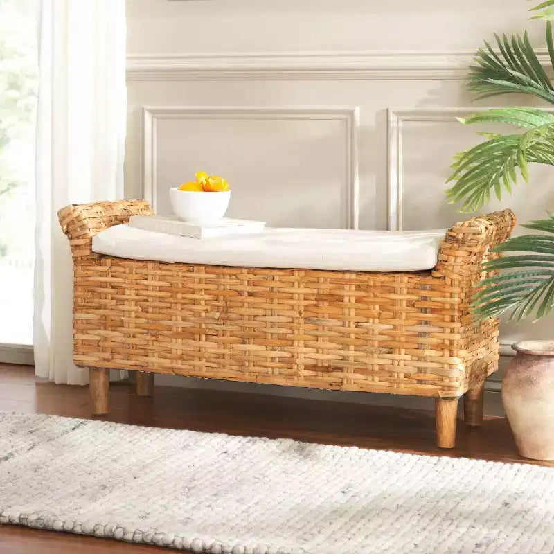 Banc capitonné avec cadre en manguier et rotin, blanc et marron