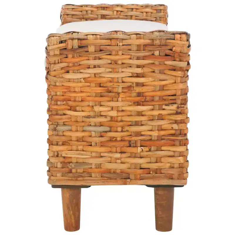 Banc capitonné avec cadre en manguier et rotin, blanc et marron