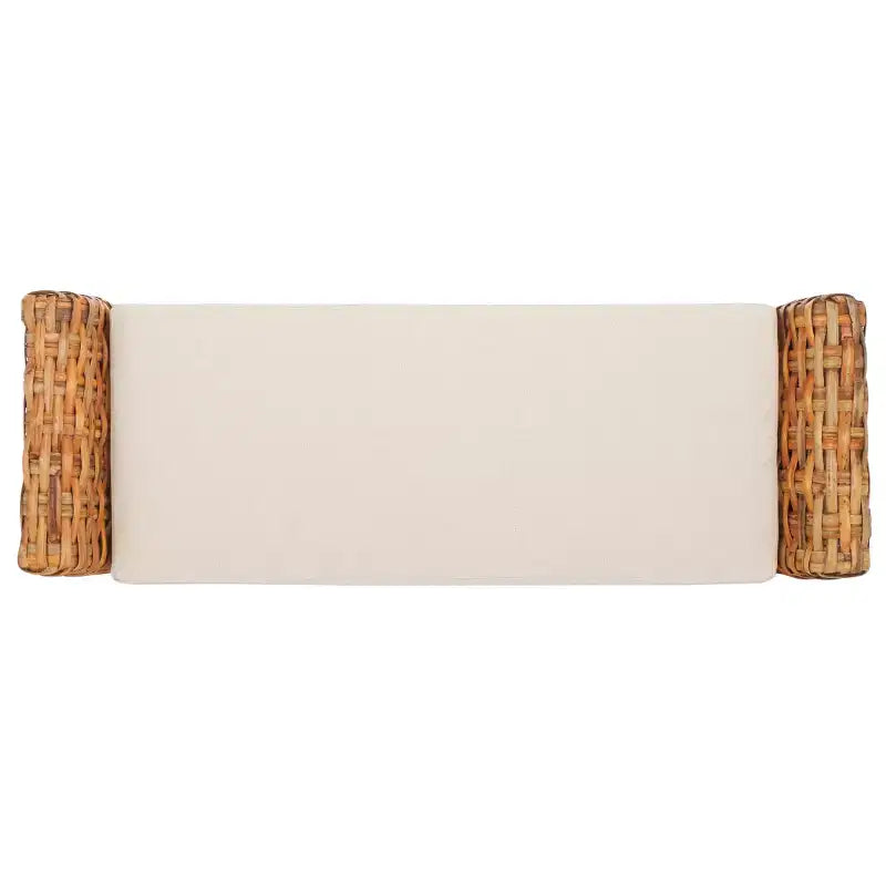 Banc capitonné avec cadre en manguier et rotin, blanc et marron