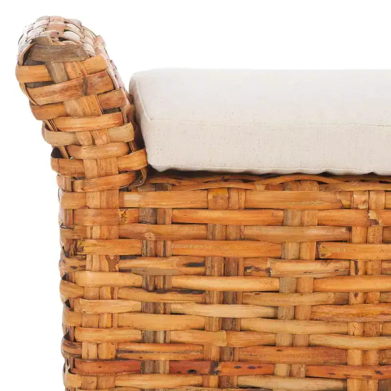 Banc capitonné avec cadre en manguier et rotin, blanc et marron