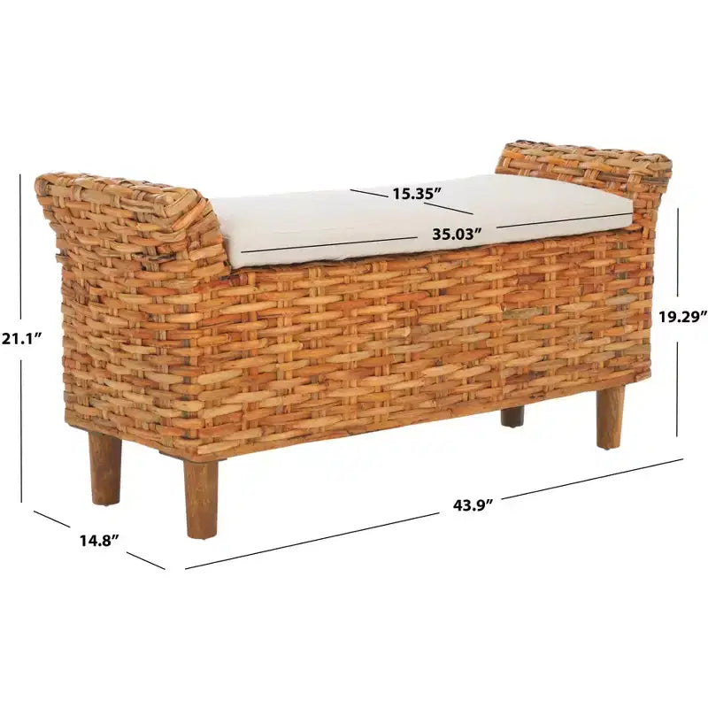 Banc capitonné avec cadre en manguier et rotin, blanc et marron