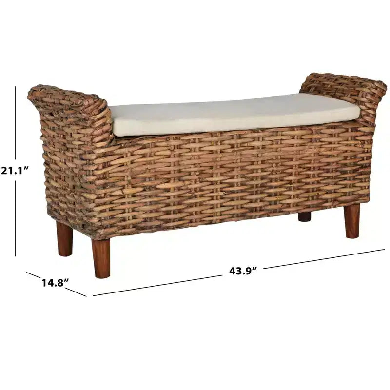 Banc capitonné avec cadre en manguier et rotin, blanc et marron