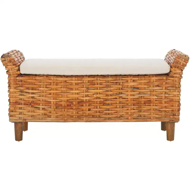 Banc capitonné avec cadre en manguier et rotin, blanc et marron
